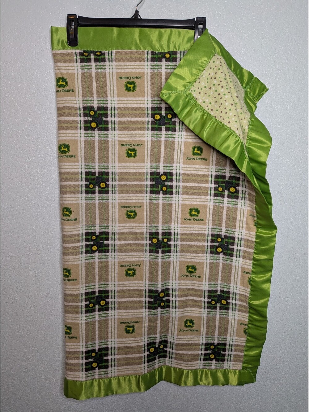 Hand made flannel John Deere Baby Blanket Tractor Plaid Green Satin Trim